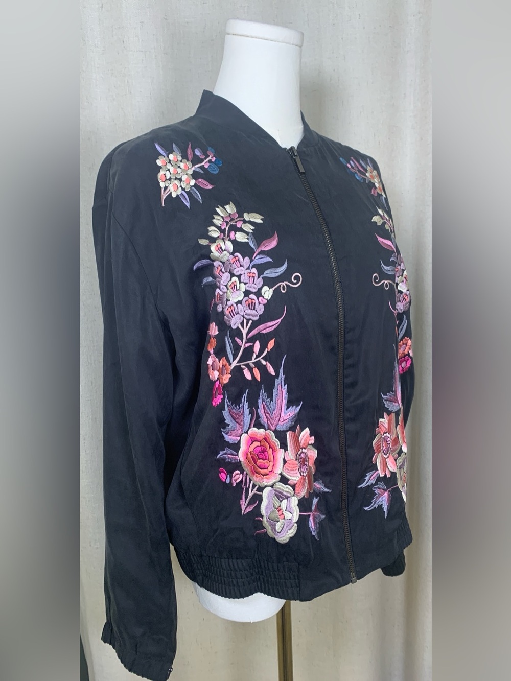 Floral Embroidered Black Bomber Jacket - Women's